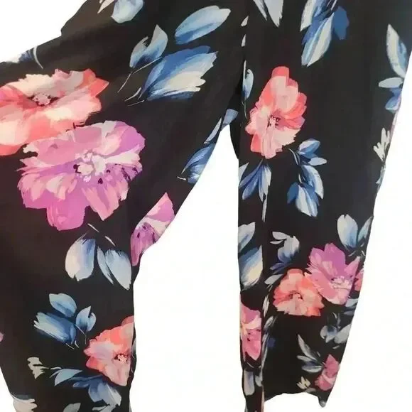 Aqua Women's Black Poly Bright Floral Deep V Front & Back Sleeveless Jumpsuit Ro - Picture 9 of 13